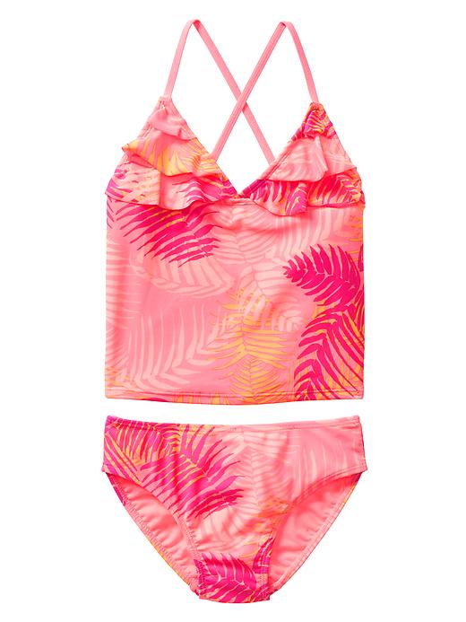 View large product image 1 of 1. Factory print ruffle tankini two-piece
