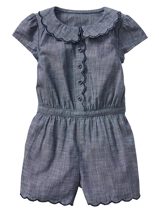 View large product image 1 of 1. Factory scalloped chambray romper