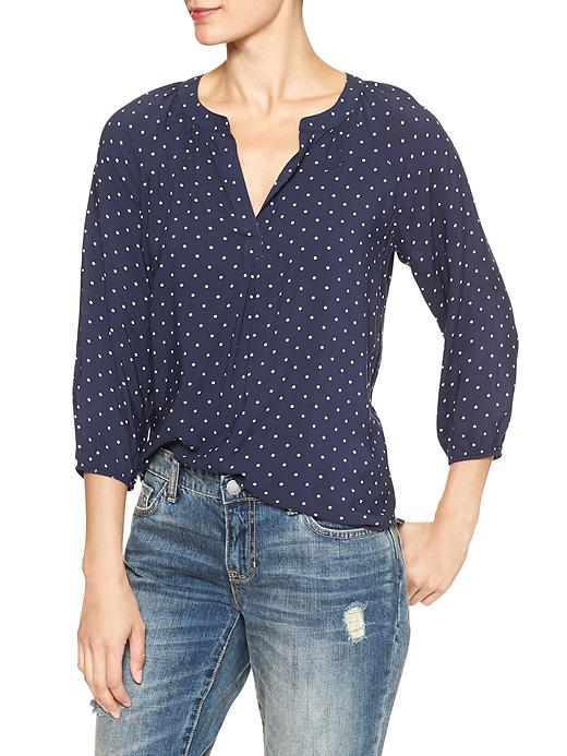 View large product image 1 of 1. Print three-quarter sleeve split-neck top
