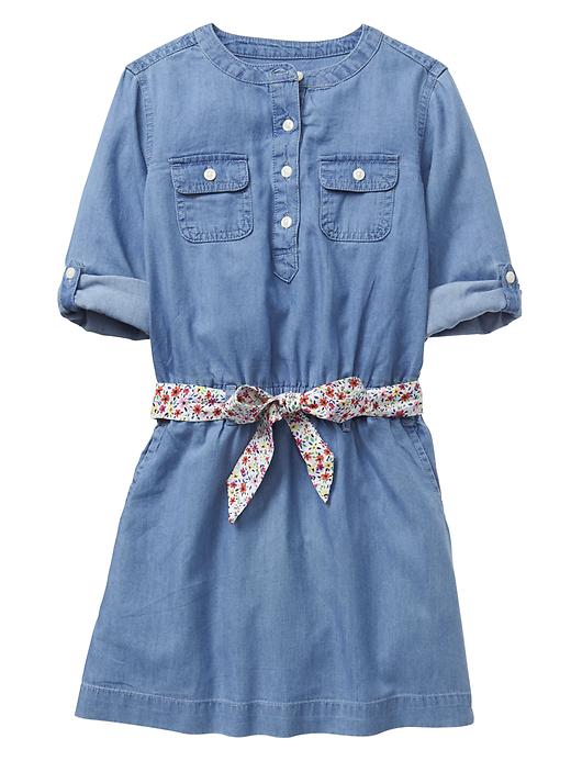 Image number 1 showing, Chambray two-pocket tie-belt dress