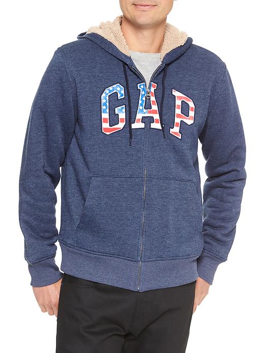 View large product image 1 of 1. Sherpa-lined arch logo zip hoodie