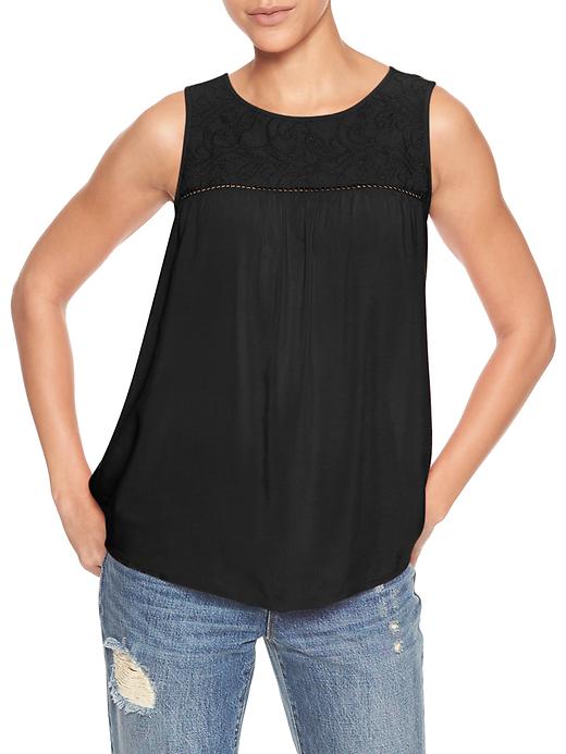 View large product image 1 of 1. Shirred lace tank