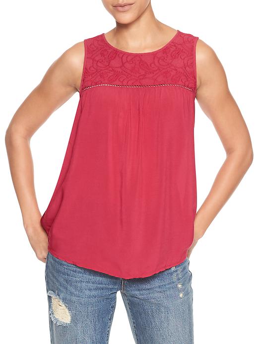 View large product image 1 of 1. Shirred lace tank