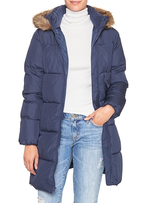 View large product image 1 of 1. Long faux fur-trim puffer jacket