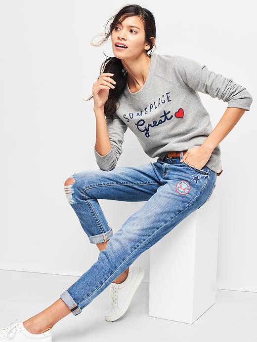 Image number 1 showing, Mid rise destructed patch sexy boyfriend fit jeans