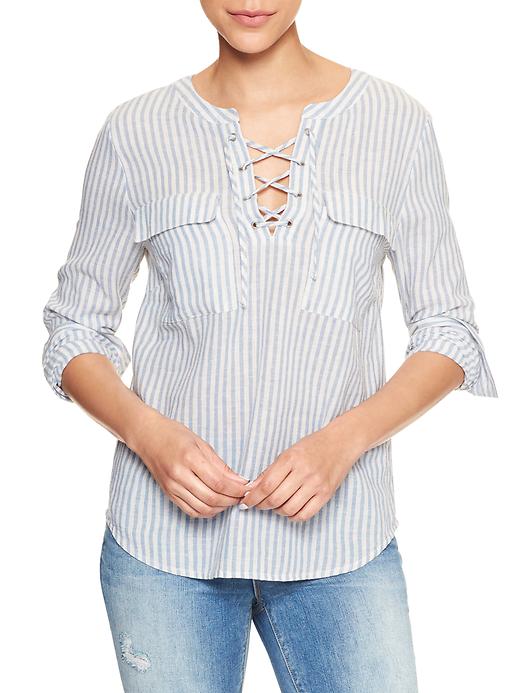 Image number 1 showing, Stripe linen-cotton lace-up top