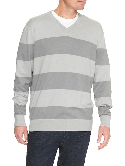 Men's V-Neck Sweater Button Striped Trim | Oversized
