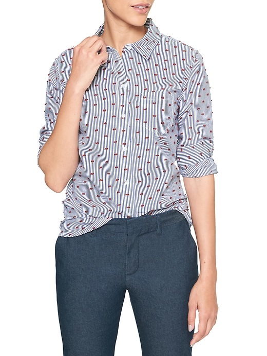 Image number 1 showing, Stripe Swiss Dot Fitted Boyfriend Shirt in Poplin