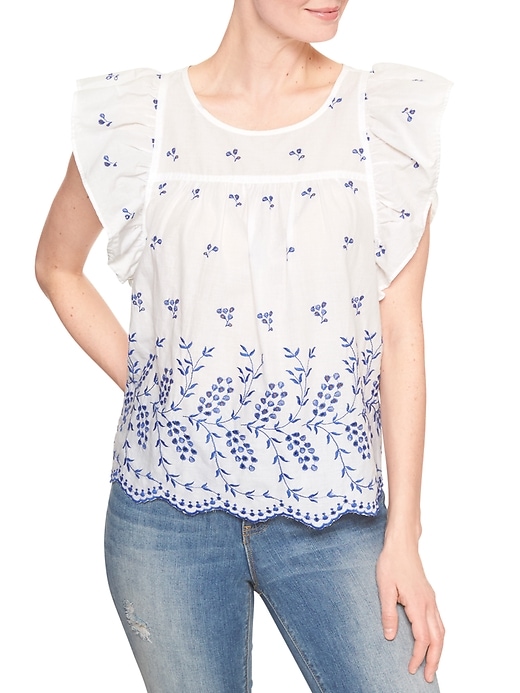 View large product image 1 of 2. Eyelet Embroidery Flutter Sleeve Top