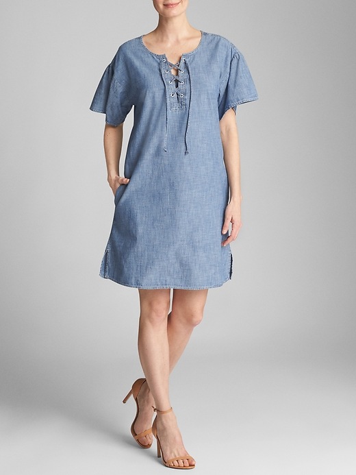 Image number 1 showing, Lace-Up Dress in Chambray