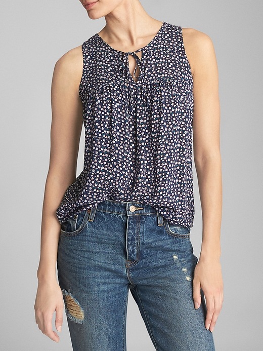 View large product image 1 of 1. Print Pleated Keyhole Tank Top