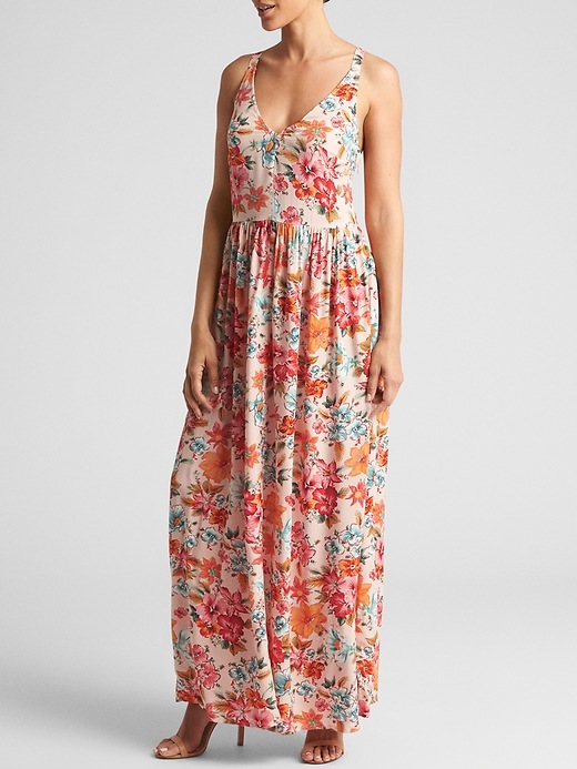 chinese dress ladies Gap Black Floral Print Maxi Dress with V-Neck