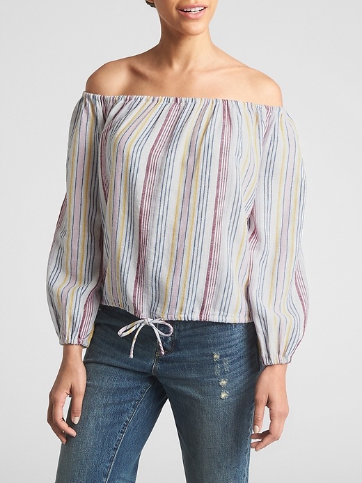 トップス Jill Stuart stripe off-shoulder Cold-Shoulder Short-Sleeve Tee with Side Slits, White