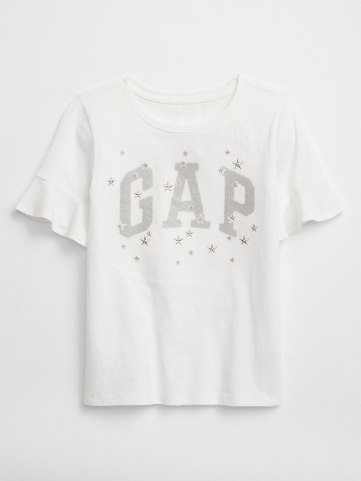 View large product image 1 of 1. Embellished Ruffle-Sleeve Arch Logo Graphic T-Shirt