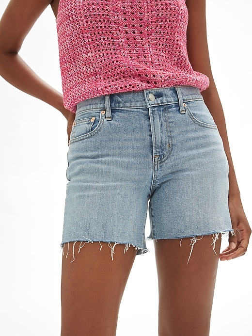 Image number 1 showing, Mid Rise 5" Denim Shorts with Raw-Hem