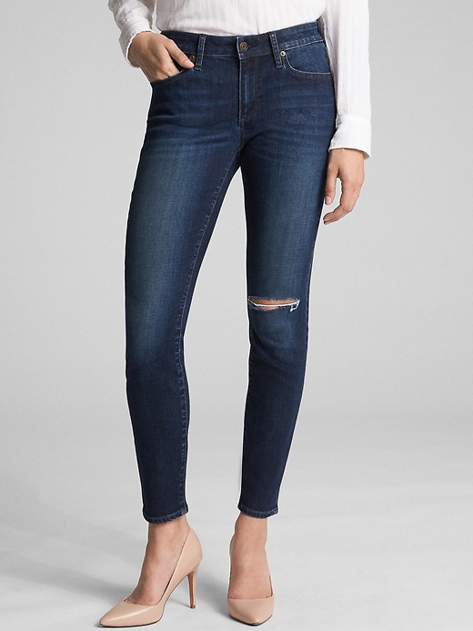 Image number 1 showing, Mid Rise Destructed Curvy True Skinny Jeans