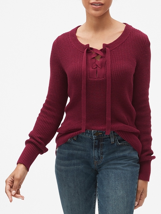 View large product image 1 of 1. Lace-Up Pullover Sweater