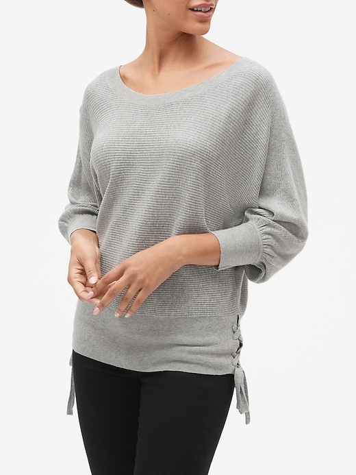 View large product image 1 of 1. Puff-Sleeve Pullover Sweater with Lace-Up Detail
