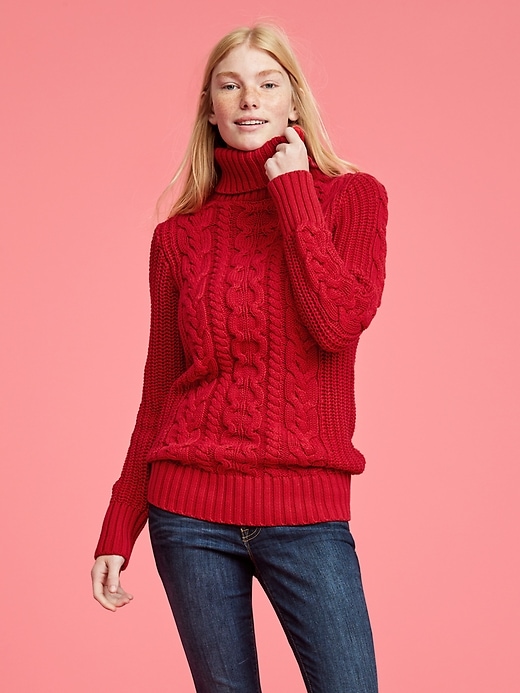 Image number 1 showing, Cable-Knit Turtleneck Pullover Sweater Tunic