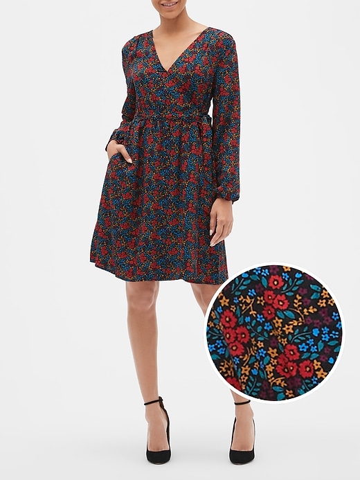 View large product image 1 of 1. Floral Long Sleeve Wrap Dress