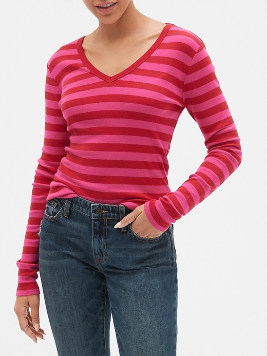 Image number 1 showing, Stripe V-Neck Long Sleeve T-Shirt