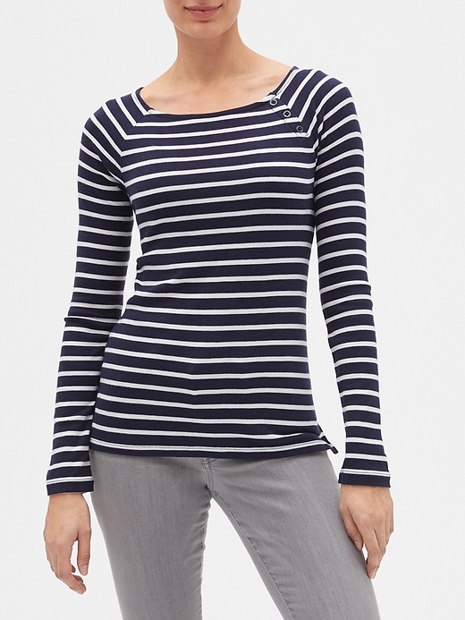 Image number 1 showing, Favorite Stripe Long Sleeve Button-Shoulder T-Shirt