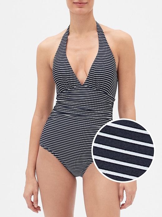 View large product image 1 of 3. Stripe Halter Swim One-Piece