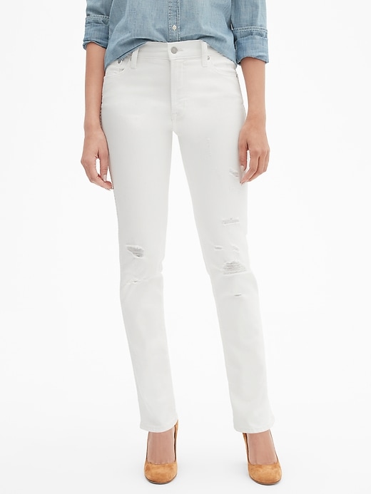 Image number 1 showing, High Rise Slim Straight Cuff Jeans with Distressed Detail
