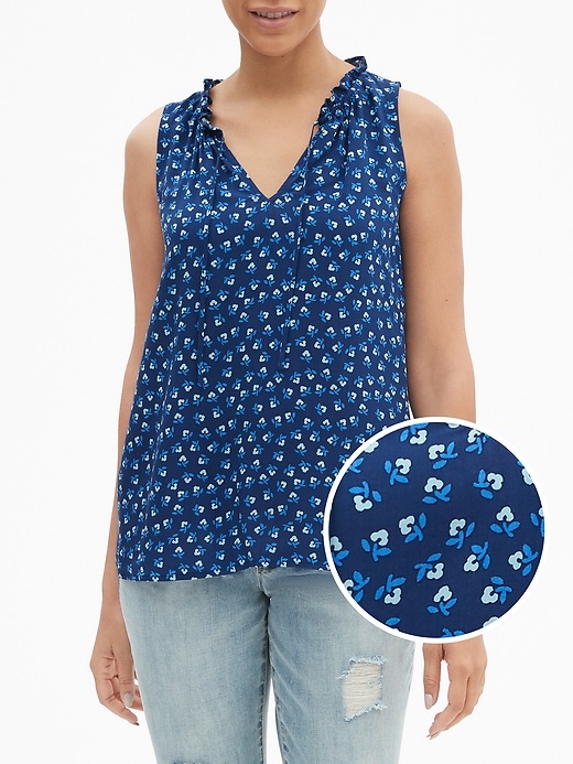 Print Sleeveless Ruffle Split-Neck Shirt in Rayon | Gap Factory