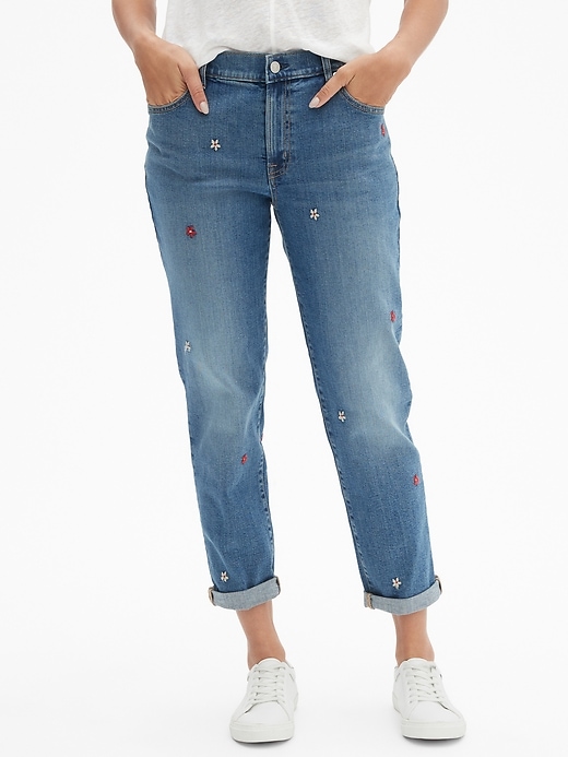 Image number 1 showing, Mid Rise Embroidered Girlfriend Jeans