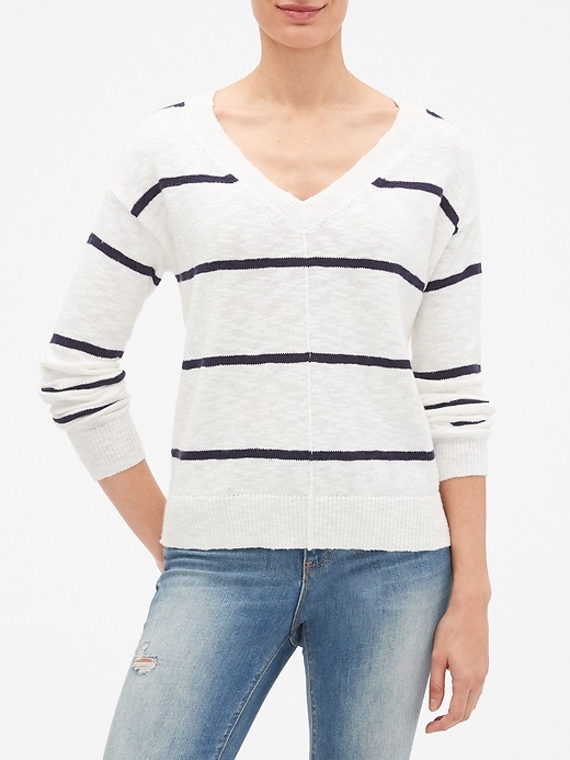 View large product image 1 of 1. V-Neck Drop-Shoulder Sweater in Slub