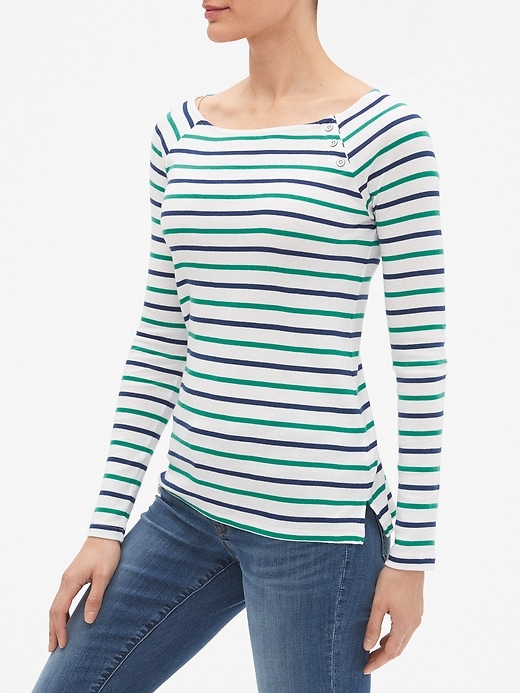 View large product image 1 of 1. Favorite Stripe Long Sleeve Button-Shoulder T-Shirt