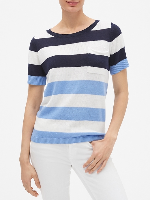 View large product image 1 of 1. Stripe Short Sleeve Pocket Pullover Sweater in Cotton