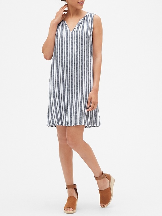 Image number 1 showing, Stripe Split-Neck Shift Dress in Linen-Rayon