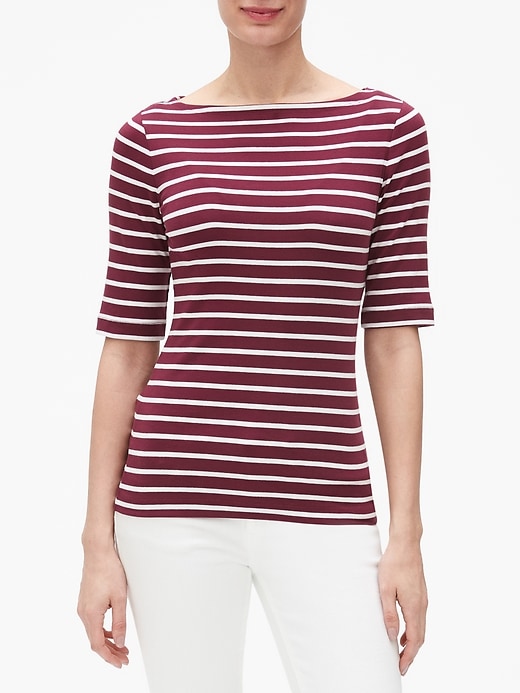 Image number 1 showing, Favorite Stripe Elbow-Sleeve Boatneck T-Shirt