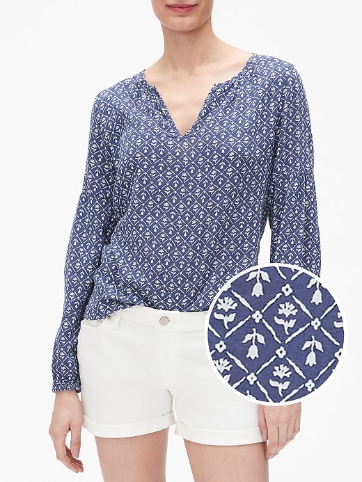 View large product image 1 of 1. Long Sleeve Split-Neck Blouse in Twill