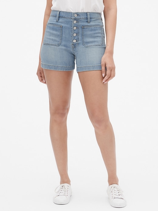 Image number 1 showing, High Rise 4" Button-Fly Denim Shorts