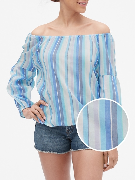 View large product image 1 of 1. Stripe Blouson Sleeve Off-Shoulder Top