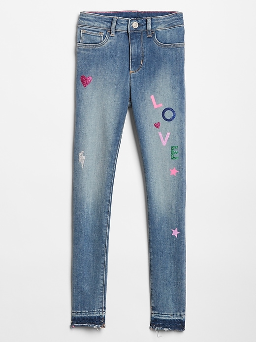 Image number 1 showing, Kids High Rise Glitter Graphic Jeggings with Raw Hem