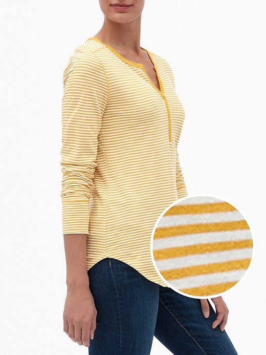 View large product image 1 of 1. Stripe Split-Neck Long Sleeve T-Shirt in Slub