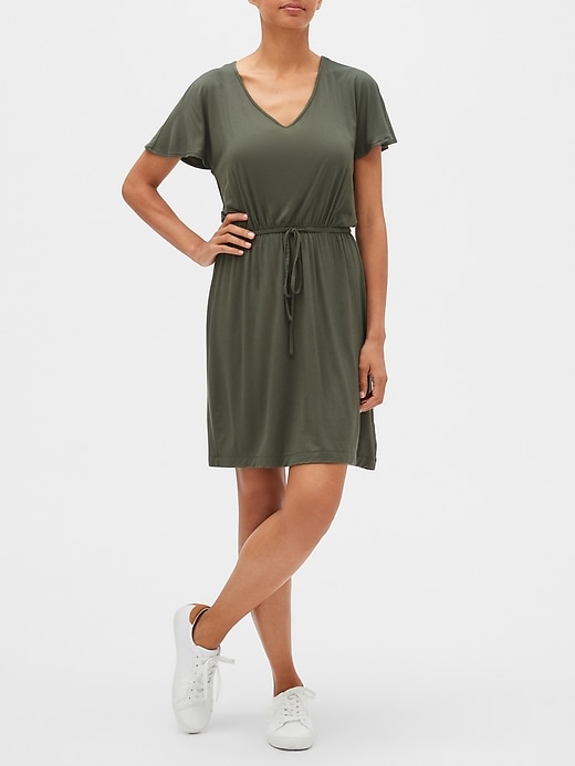 View large product image 1 of 1. Flutter Sleeve Tie-Waist Dress in Rayon