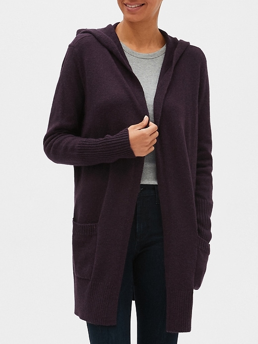 View large product image 1 of 1. Longline Hooded Open-Front Cardigan Sweater