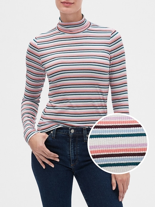 View large product image 1 of 1. Stripe Ribbed Turtleneck Top