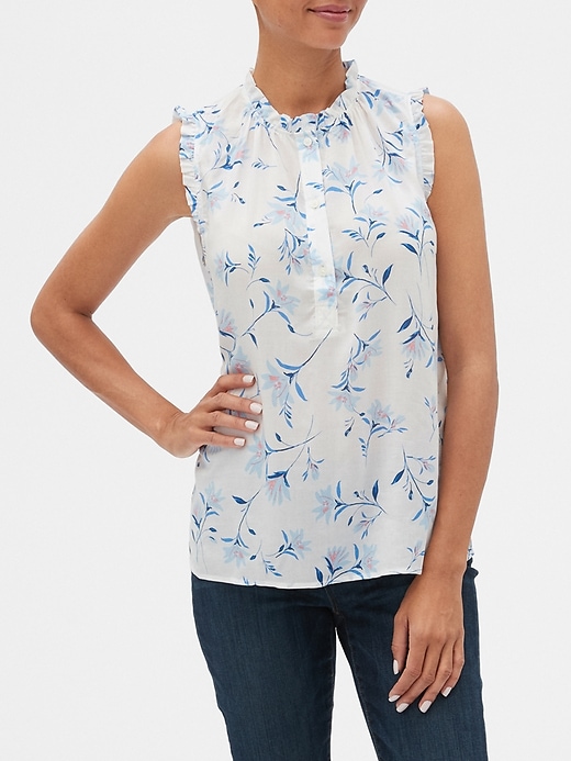 View large product image 1 of 1. Print Ruffle Split-Neck Top