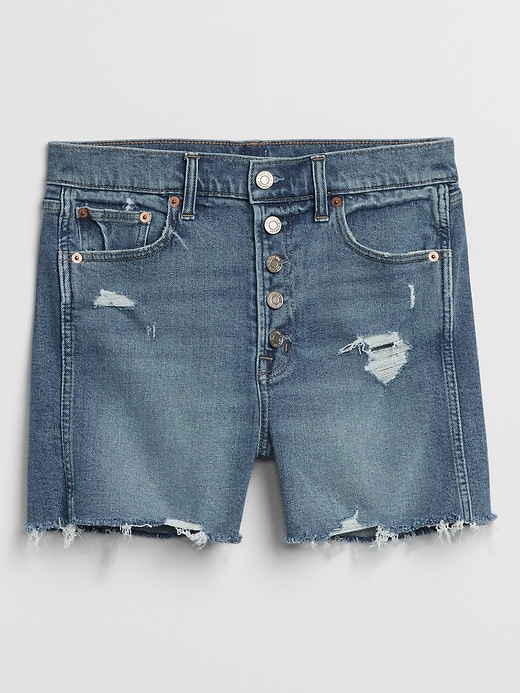 Image number 3 showing, 3.5" High Rise Button-Fly Destructed Denim Shorts