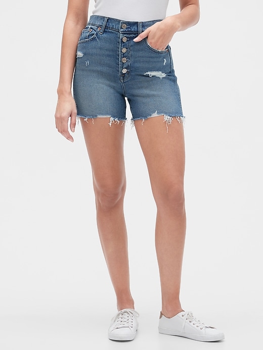 Image number 1 showing, 3.5" High Rise Button-Fly Destructed Denim Shorts