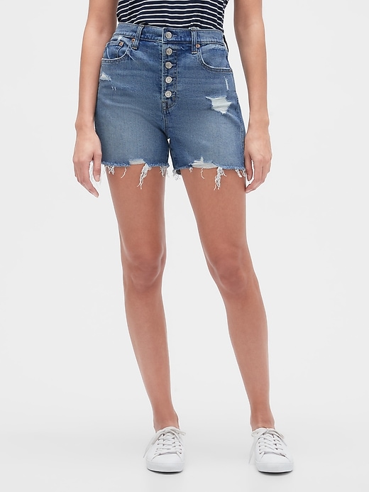 View large product image 1 of 3. 3.5" High Rise Destructed Denim Shorts