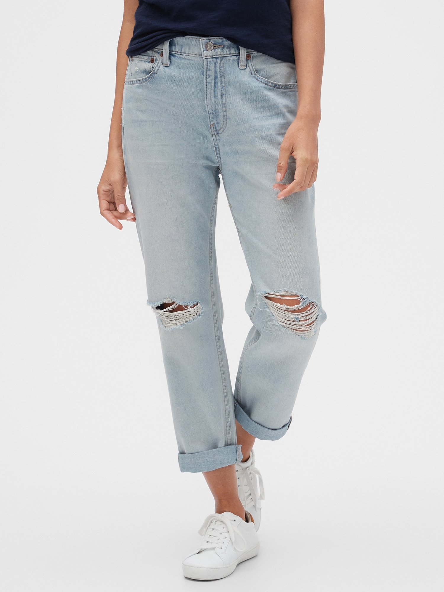 low rise distressed boyfriend jeans