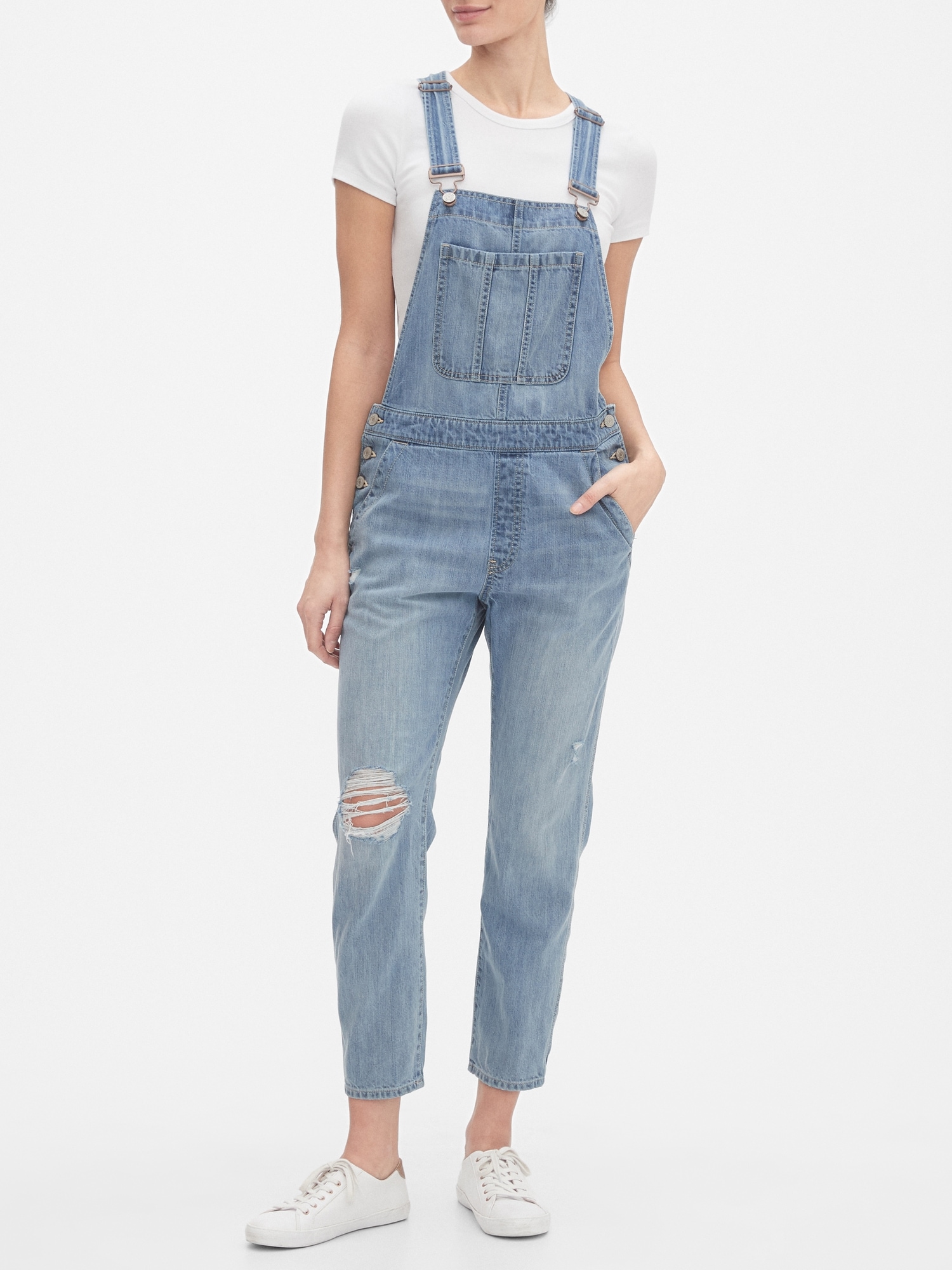 distressed jean overalls