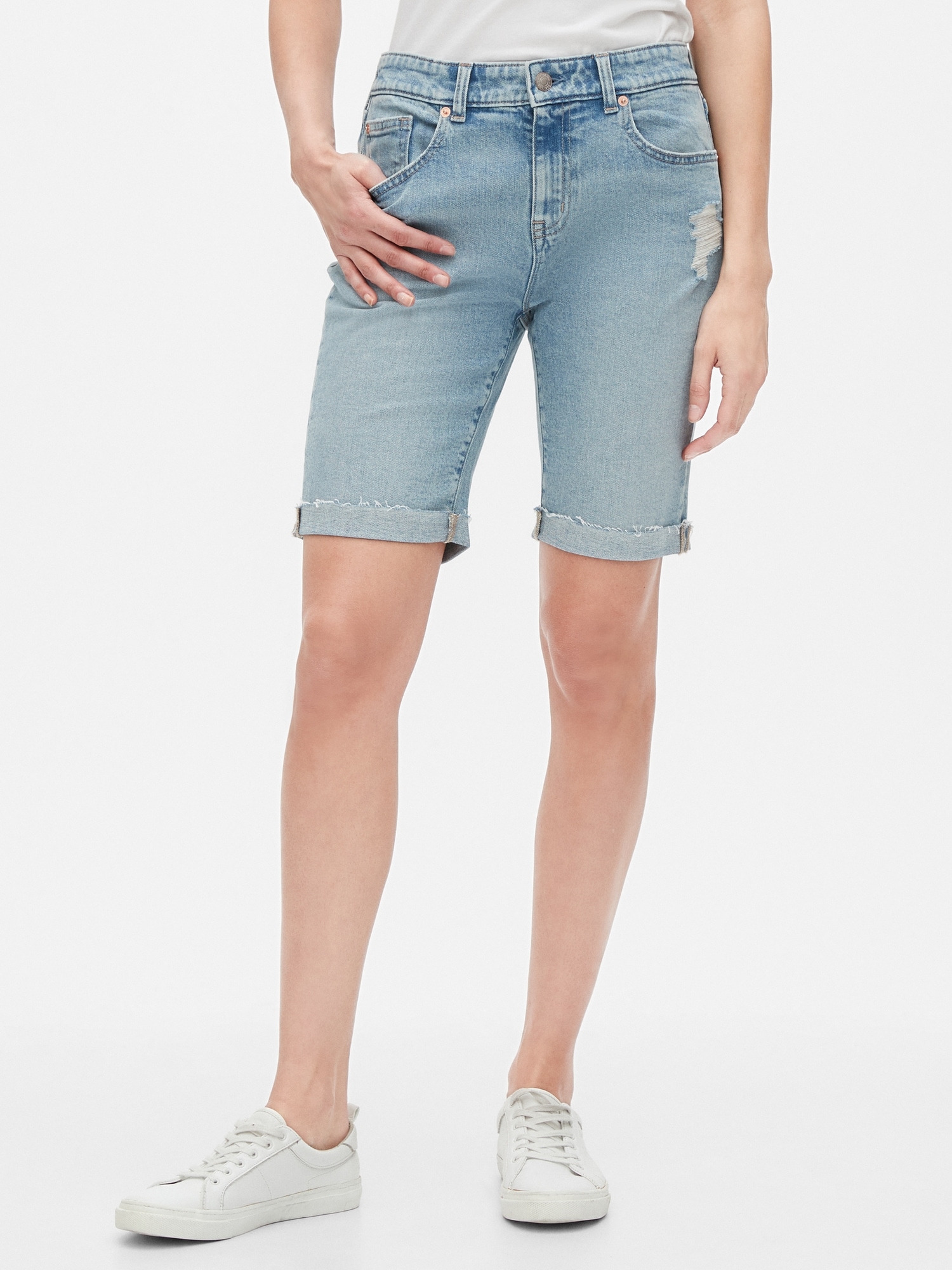 destroyed denim bermuda shorts